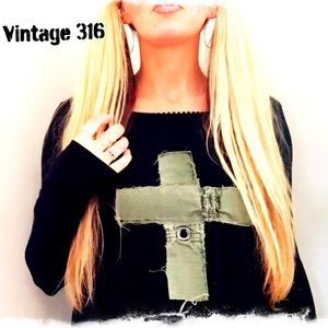 Upcycled Black Long Sleeve Tunic Army Green Cross